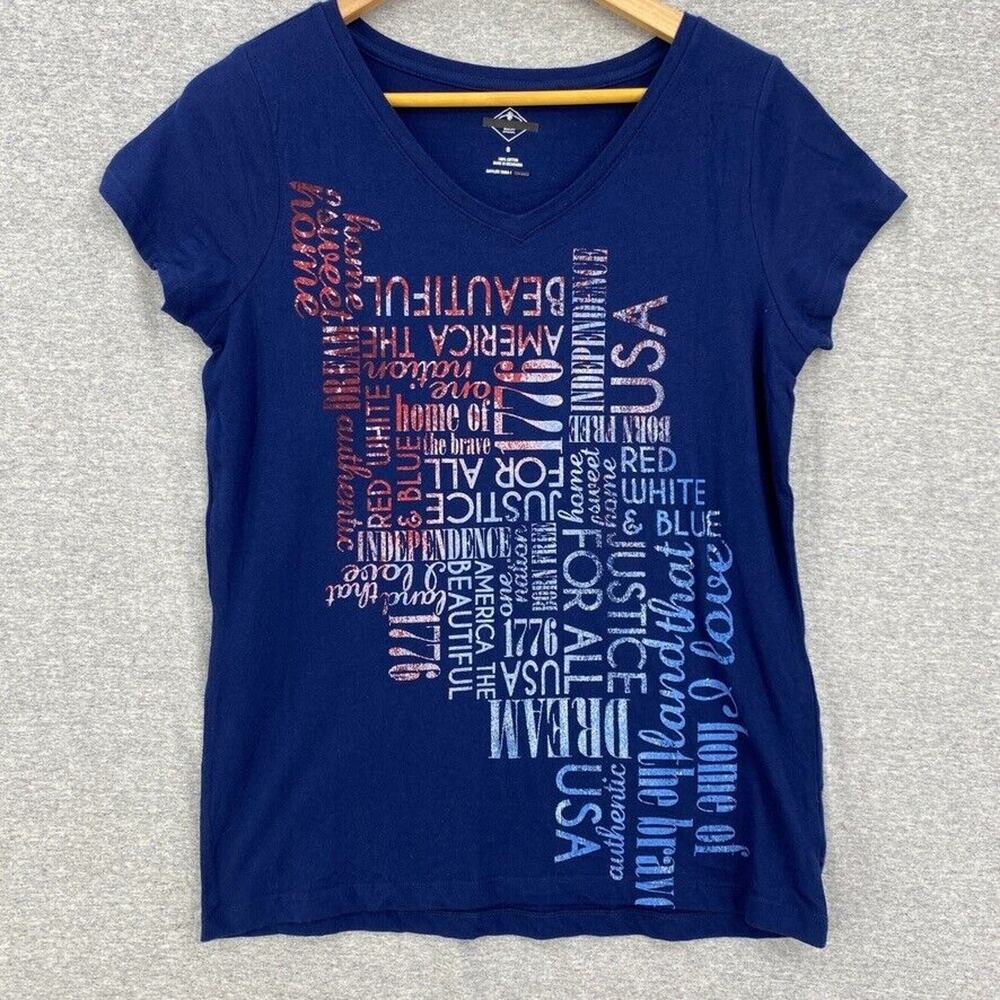 USA Shirt Womens Small Blue Tee Short Sleeve Red White Blue Graphics VNeck